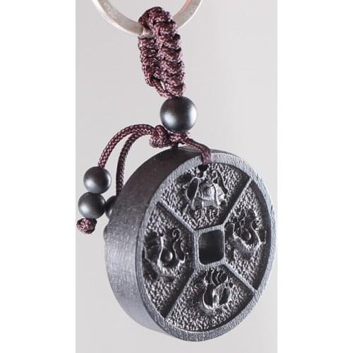 Chinese Traditional Wood Product Pendant Safe Lucky Treasure Ebony Chinas Four Sacred Animal Peace Car KeyRing Pendant Keychain