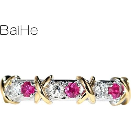 BAIHE Solid 14K White+Yellow Gold 0.12ct Round Natural Rubis Women Trendy Fine Jewelry Casual refined Gift Ruby Diamond Ring