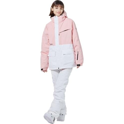 Pink White Womens Snow Suit Sets Snowboarding Clothing Winter Outdoor Wear 10K Waterproof Costumes Skiing Jackets + Strap Pants