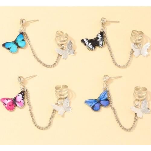Trendy Fashion Colorful Butterfly Pendant Clip Earrings Ear Cuff Women Personality Tassel Chain Exquisite Earrings Jewelry