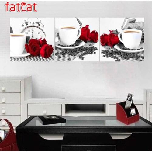 FATCAT Rose coffee 5d diy diamond painting full square round diamond embroidery rhinestone triptych home decoration AE2143