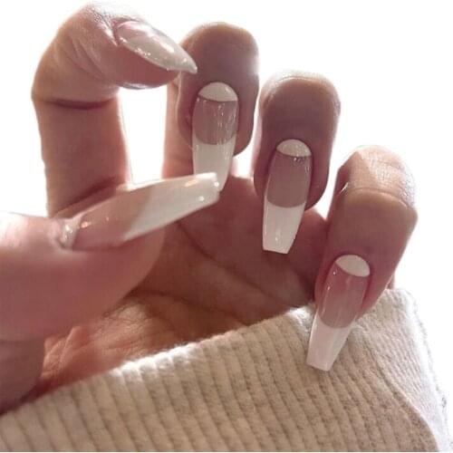 24Pcs Pink White Gradient False Nail with Rhinestone Press on Nail French Ballet Nail Tips For Girl Nail Art Decoration