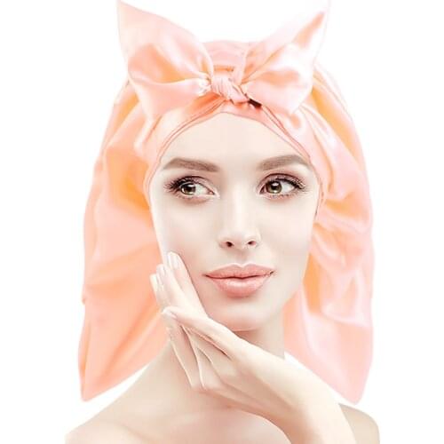 New Satin Bonnet With Tie Long Hair Holder Foldable Sleeping Hats Wrap Night Cap Front Bow Hair Care Bonnet For Women Men Unisex