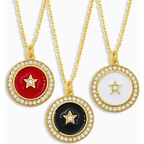 FLOLA Enamel Star Necklace For Women Pave Stone Small Round Pendant Necklace CZ Cubic Zirconia Wholesale Jewelry Gifts nket50