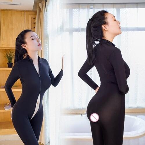 Sexy Shiny 2 Two Way Zipper Open Crotch Bust Transparent Bodysuit Turtleneck Body Stockings Club Wear Sexy Lingerie FX1038