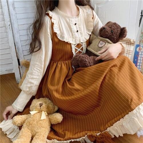 Japanese Lolita Dress Sweet Lace Up Bowknot Autumn Long-sleeved Dress Sweet Cute Color Brown Vintage Mid-length Dress
