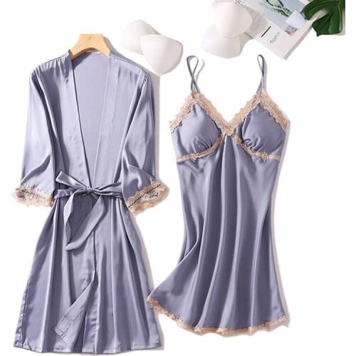 Gray New 2PCS Kimono Robe Gown Sleep Suit Lady Sleepwear Satin Bridal Bathrobe Set Intimate Lingerie Casual Lace Nightwear