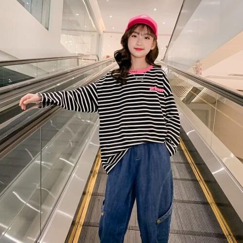 10 12 years Girls Long Sleeve Striped Tops Fashion Spring Autumn Loose Cotton T-shirt Teen Girls Clothing 2021 New