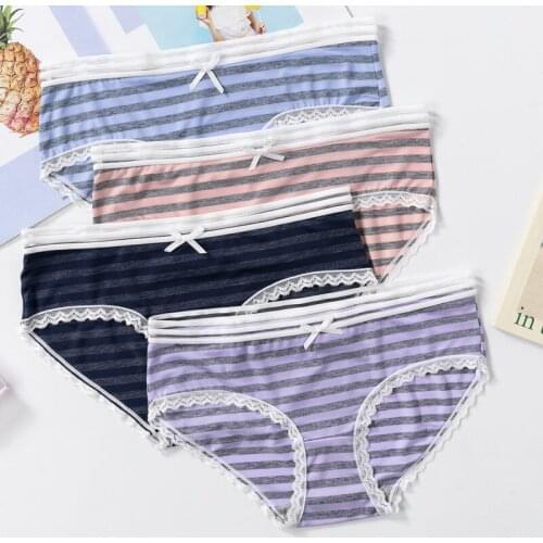 New Color Matching Stripe Lace Lace Lace Womens Briefs Panties Pure Cotton Girls Underwear