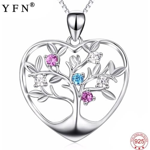 YFN 925 Sterling Silver Tree Pendants Necklaces Love Heart Colorful Crystal CZ Jewelry Necklace For Women 925 Silver Chain Woman