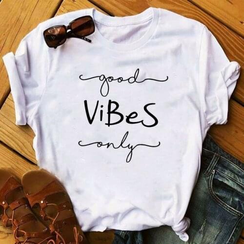 New Women T-shirt 2020 Good Vibes Letters Fashion Top Female T Shirts Harajuku Streetwear O-neck Short Clothes Ladies Tshirts