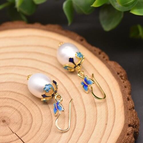 Cloisonne New Ethnic Statement Butterfly Drop Earrings For Women Wedding Gift Natural Pearl Garnet Vintage Earrings Accessries