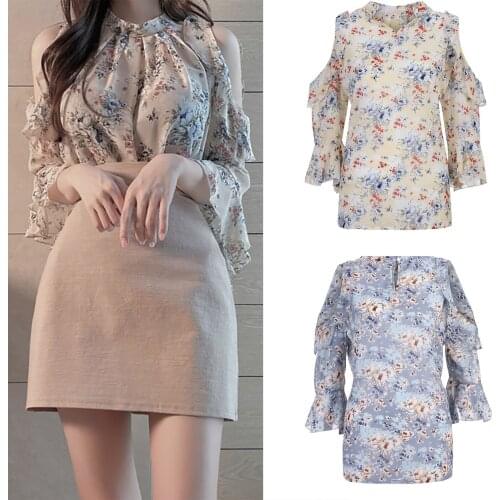 Women Floral Off-Shoulder Chiffon Shirt Pullover Loose Blouse Spring Summer New Short Sleeve Party Top Tee Blusas Mujer De Moda