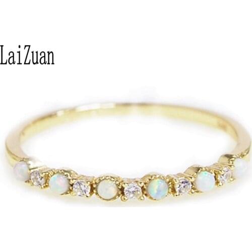 LaiZuan Real 14K (AU585) Yellow Gold Round SI/H Natural Diamond & opal Engagement Wedding Ring Women Exquisite Gift Fine Jewelry