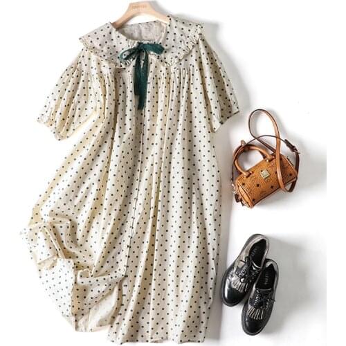 Lamtrip Sweet Bow Tie Polka Dots Print Short Sleeve Single Breasted Plus Size Dress Mori Girl Robe