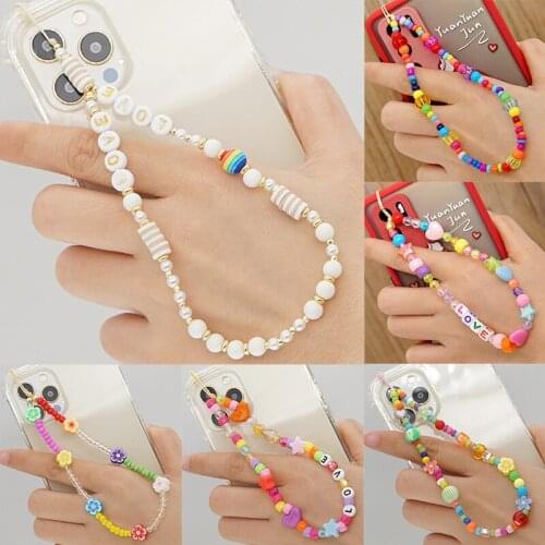 1PC New LOVE Letter Beaded Anti-lost Mobile Phone Hand-made Woven Chain Colorful Soft Ceramic Acrylic Fruit Phone Lanyard