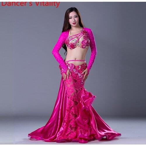 NEW stage Luxury Girls Belly Dance Costumes Long Sleeves Bra+Lace Skirt 2pcs Belly Dance Suit Women Ballroom Dance Set