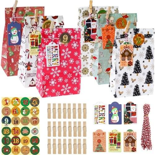 24set Christmas Paper Bags Gift Bags Digital Advent Calendar Candy Packaging Bags with Tags Clips Stickers