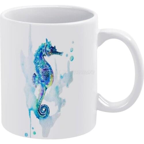 Watercolor Seahorse White Mug 11oz Ceramic Tea Cup Coffee Mug Friends Birthday Gift Seahorse Watercolor Watercolorseahorse Ocean