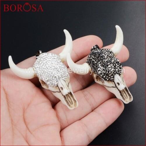BOROSA Longhorn Resin Horn Cattle Pendant Beads,Bull Buffalo Cattle Pendants Paved Black/White Zircons Drusy Jewelry JAB339