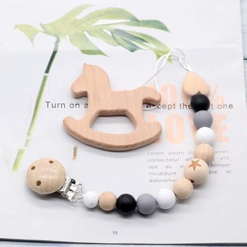 Silicone Beech Wood Chewing Beads Pacifier Clips Chain Dummy Clip Wooden Cartoon Animal Pendant Baby Teething Molar Teether Toys