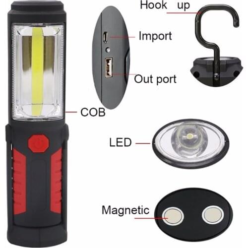 COB Strip LED Flashlight USB Rechargeable Work Light Magnetic Stand Hook Portable Lanterna Torch Mobile Power Bank For Outdoors