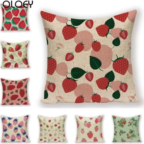Strawberry Pattern Cotton Linen Throw Pillow Case Fruit Cushion Cover Square Decorative for Home Sofa Bed Pillowcase 45X45CM