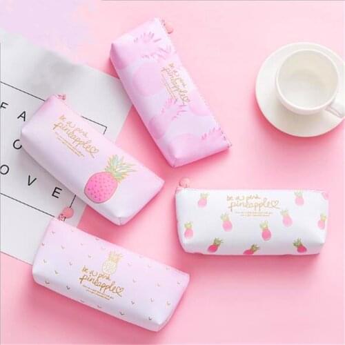 1 Pcs Lovely Girl-Pink Pu Pencil Case Bag Different Pineapple Printing School Pencil Box For Student School Stationery Supplies