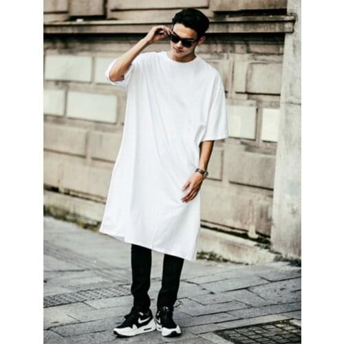 Summer short-sleeved Korean mens long t-shirt over the knee white t-shirt big money in the long half-sleeve t-shirt loose