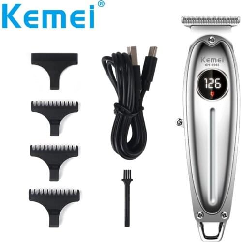 Kemei All Metal LCD Professional Hair Clipper Men Electric Cordless Hair Trimmer 0mm Baldheaded T Blade Finish Haircut Machine