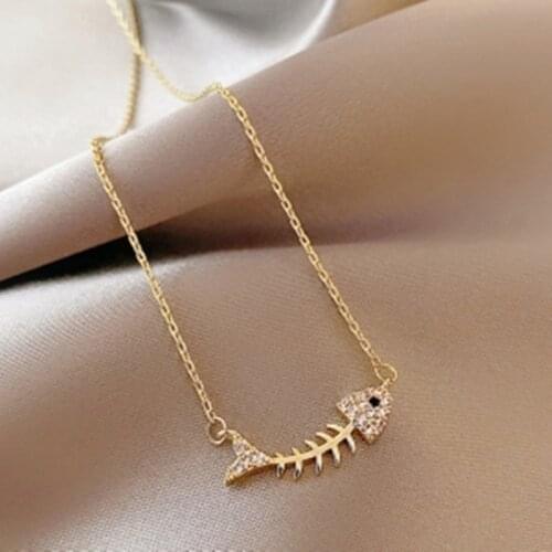 Cute Fashion Fishbone Necklace Clavicle ChainSimple Design Fish Rhinestone Necklace For Girl Friend Student Gift