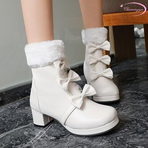 Sweet lovely style round toe warm winter plush snow boots bowknot platform medium with wedge ankle boots womens shoes big size