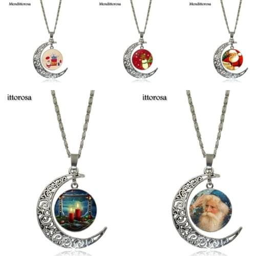 Mendittorosa Fashion Vintage Necklaces & Pendants Necklace With Crescent Moon Glass Cat and Santa