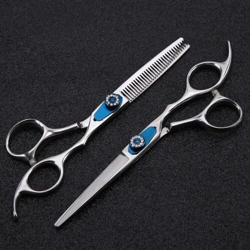 Professional Japan 440c 6 inch blue gem cut hair scissors haircut thinning barber makas hair cutting shears hairdresser scissors