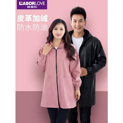 Waterproof and oilproof PU leather smock adult female fashion overalls kitchen home thick apron long sleeve men winter