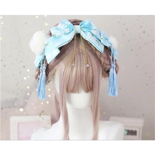 Chinese Style Blue Bowknot Tassels Hairpin Hanfu pom pom ball Headwear Lolita Girl Side Clip Hair hoop B1320
