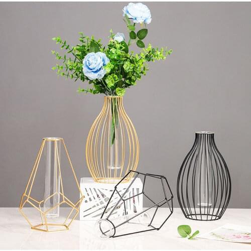 Nordic Style Iron Art Vase Hydroponic Plant Vase Glass Tube Bottle Stand Rack Metal Plant Holder Ornament Home Simple Decoration