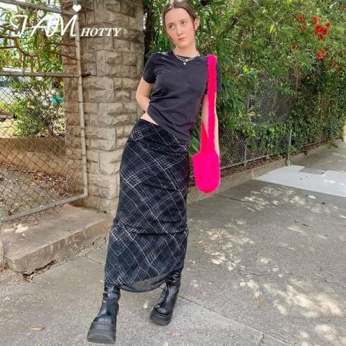 Streetwear y2k Plaid Printed Double Mesh Long Skirt Women Aesthetic High-waisted Korean Fashion Vintage Black Skirts Iamhotty