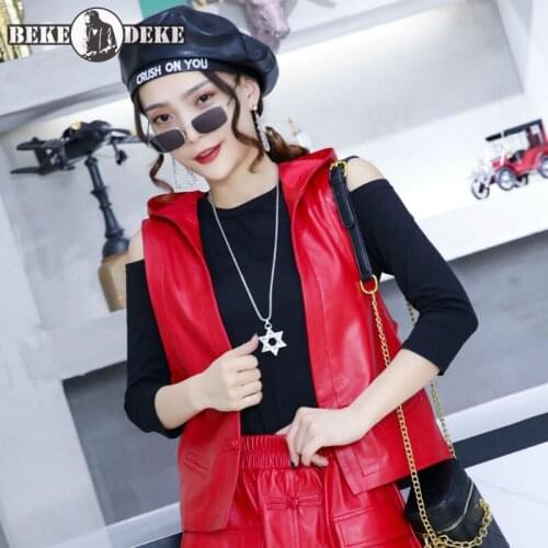 Women Hooded Vest Single Button Slim Fit Casual Genuine Leather Waistcoat Real Sheepskin Sleeveless Tank Jackets Spring Vests
