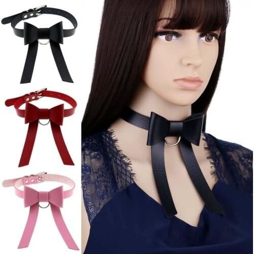 Punk Rock Gothic Sexy PU Leather Bowknot O-Round Pendant Collar Choker Necklace Long Anime Witch Rave Jewelry Party Gift
