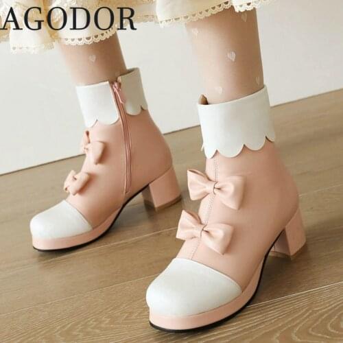 AGODOR Women Pink Ankle Boots Lolita Cosplay Shoes Winter Block Heel Platform Ankle Booties Shoes with Bow Knot Big Size