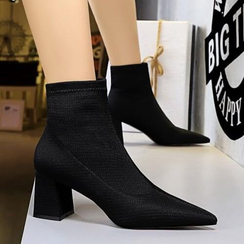 BIGTREE 2020 Winter Women Ankle Boots New Pointed Toe Square Heel Short Botas Chelsea Boots Thick High Heels Shoes Party Pumps
