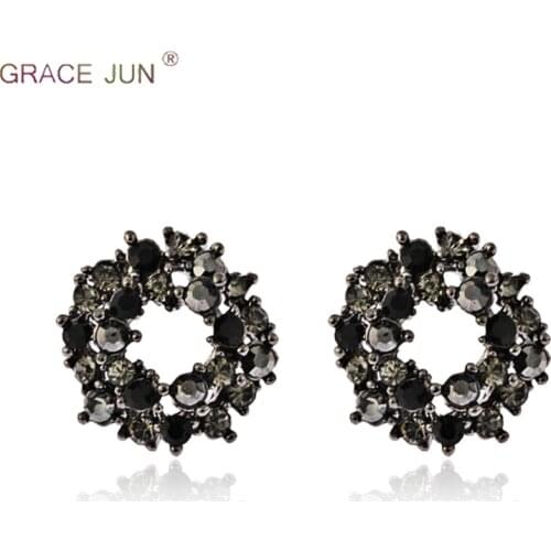 GRACE JUN Vintage Black Color Geometric Rhinestone Clip Earrings and Pierced Earrings for Women Luxury Charm Ear Clip Ornament