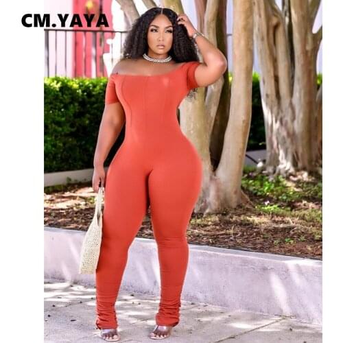 CM.YAYA Women Jumpsuit Solid Short Sleeve Slash Neck Sheath Elastci Stacked Full Length Jumpsuits Female Casual Outfit Summer