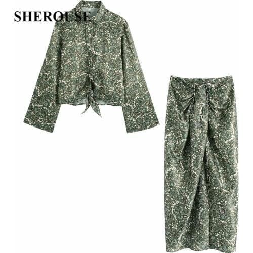 SHEROUSE Two Piece Set Women Fashion Printed Crop Top Blouse Vintage Side Slit Midi Long Skirt Summer Woman Outfit Dress Sets