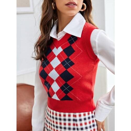 Women Casual V-neck Knitted Sweater Vest Red Plaid Printed Pattern Sleeveless Camisole S M L XL