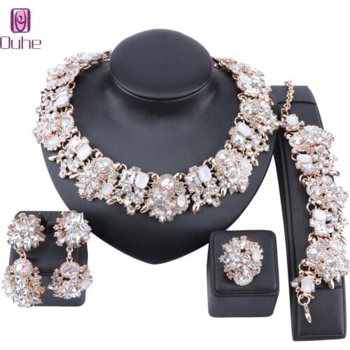 Women Vintage Chunky Chain Choker Bib Statement Crystal Necklace Earring Bracelet Ring Bridal Jewelry Set
