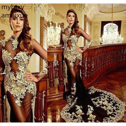High Quality Sheer Custom Long Sleeves Black Sexy Prom Dresses 2020 Mermaid Wear Evening Party Gowns Plus Size Dress Elegant