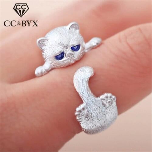 CC Cute Rings For Women Small Cat Cubic Zirconia Lovely Jewelry Adjustable Ring White Gold Color Accessories Party Gift CC2138