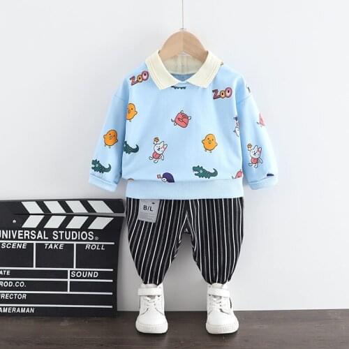 Children Winter Clothes Suits Baby Boys Girls Lapel Printe Animals T-shirt Pants 2pcs/sets Kids Infant Cartoon Clothes 0-4 Years